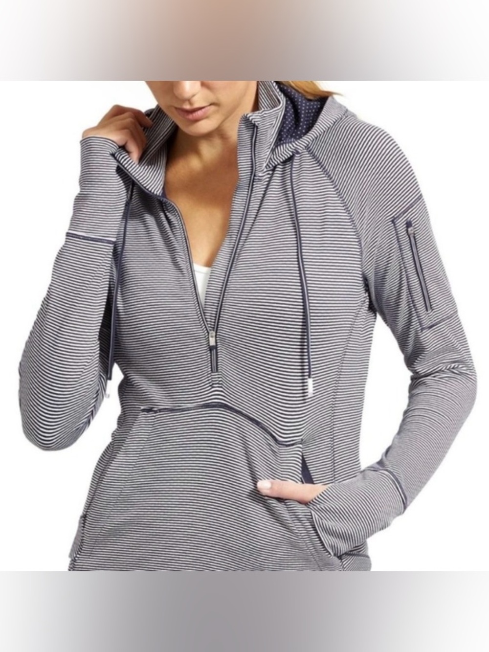 Athleta Heavenly Hail Striped Hoodie Sweatshirt Pullover Blue/White Size XXS